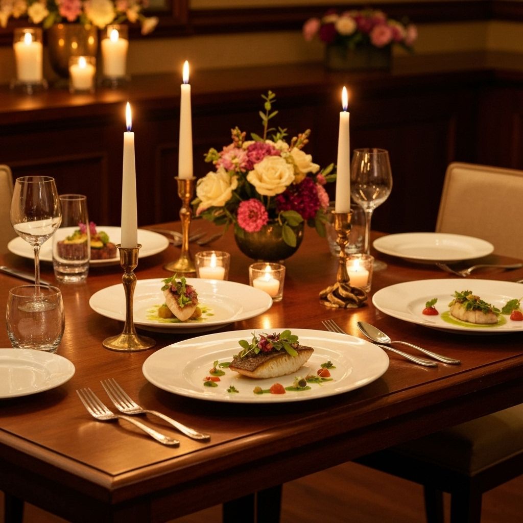 Elegant private dining setup with candles and fine table settings